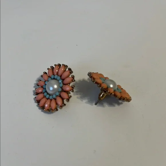 Vintage Coral Pink and Blue Sunburst Earrings with Faux Pearl Center - Picture 3 of 5
